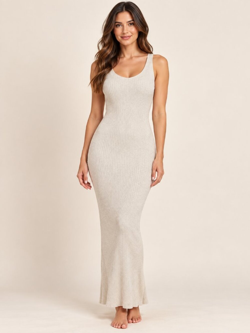 Champagne Ribbed Knit Maxi Dress S/M Stretch Bodycon Fitted